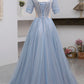 Blue Short Sleeve Tulle Floor Length Prom Dress with Beaded SH1700