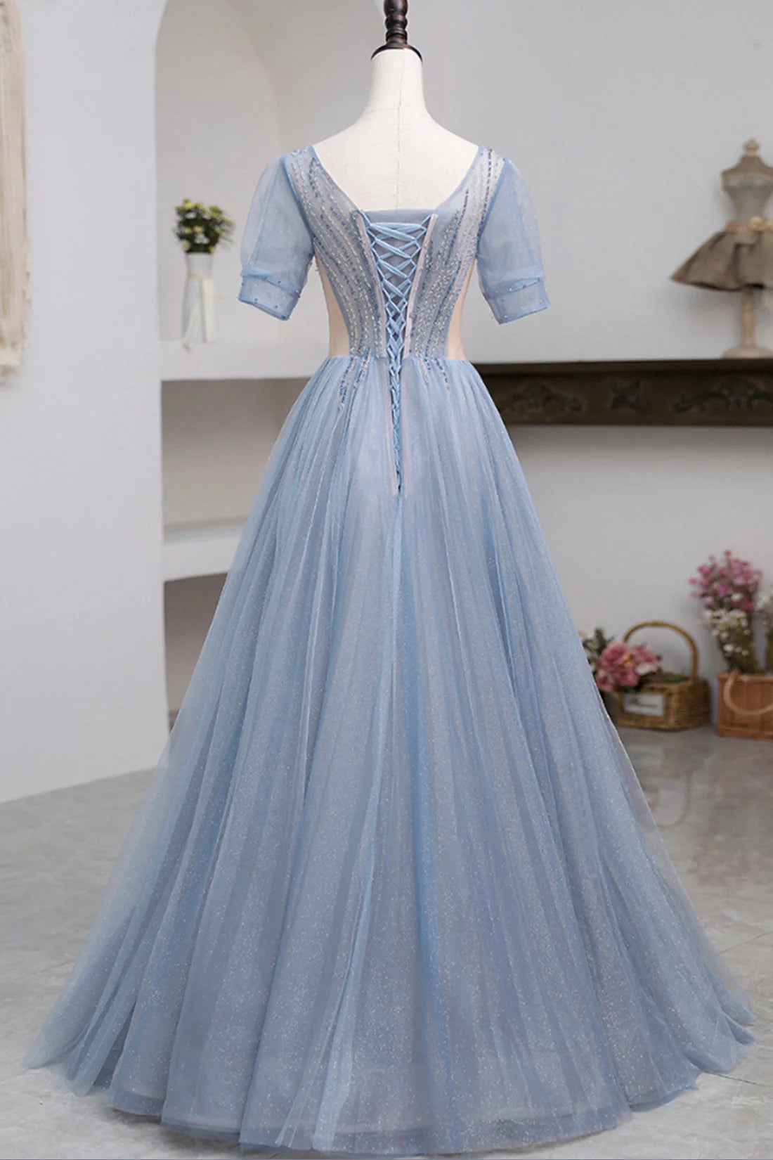 Blue Short Sleeve Tulle Floor Length Prom Dress with Beaded SH1700