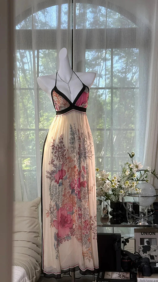 Vintage A Line Halter Print Floral Chiffon Open Back Prom Dress Wedding Guest Dress SH4325