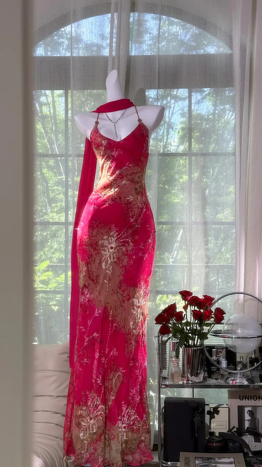 Sexy Mermaid Spaghetti Strap Pink Print Floral Chiffon Prom Dress Wedding Guest Dress SH4326