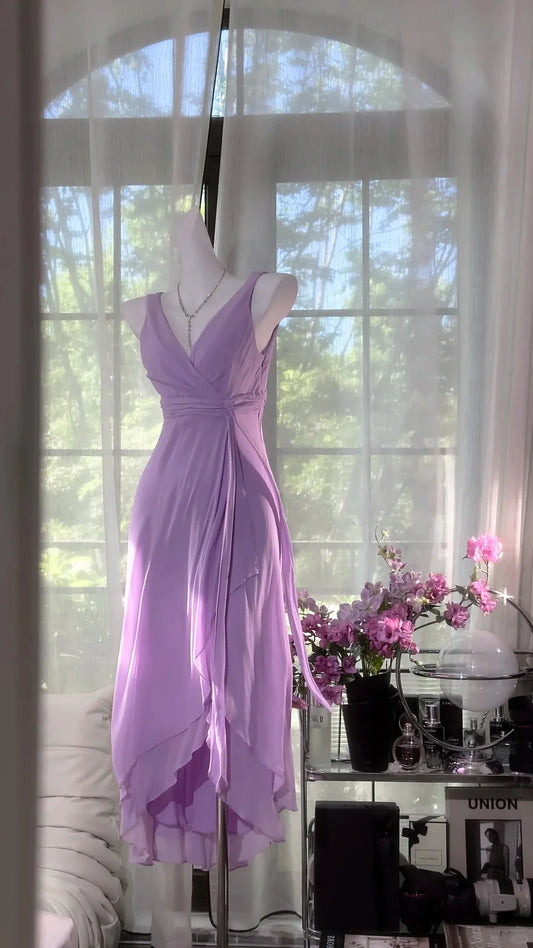 Simple Purple A Line V Neck Layered Chiffon Homecoming Dress Outfits SH4330