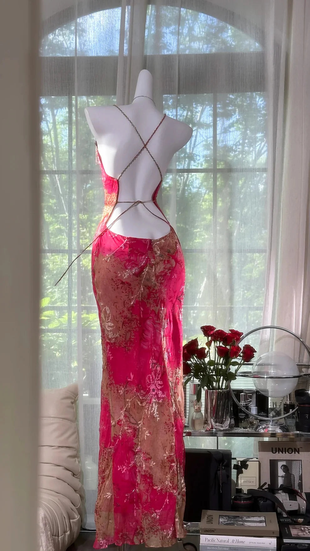 Sexy Mermaid Spaghetti Strap Pink Print Floral Chiffon Prom Dress Wedding Guest Dress SH4326