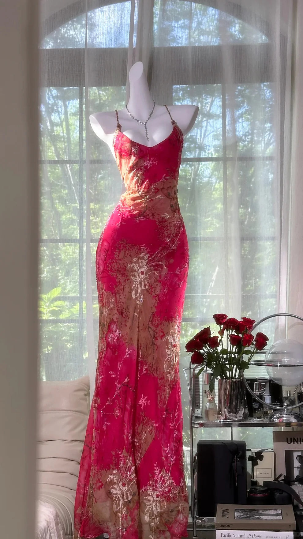 Sexy Mermaid Spaghetti Strap Pink Print Floral Chiffon Prom Dress Wedding Guest Dress SH4326