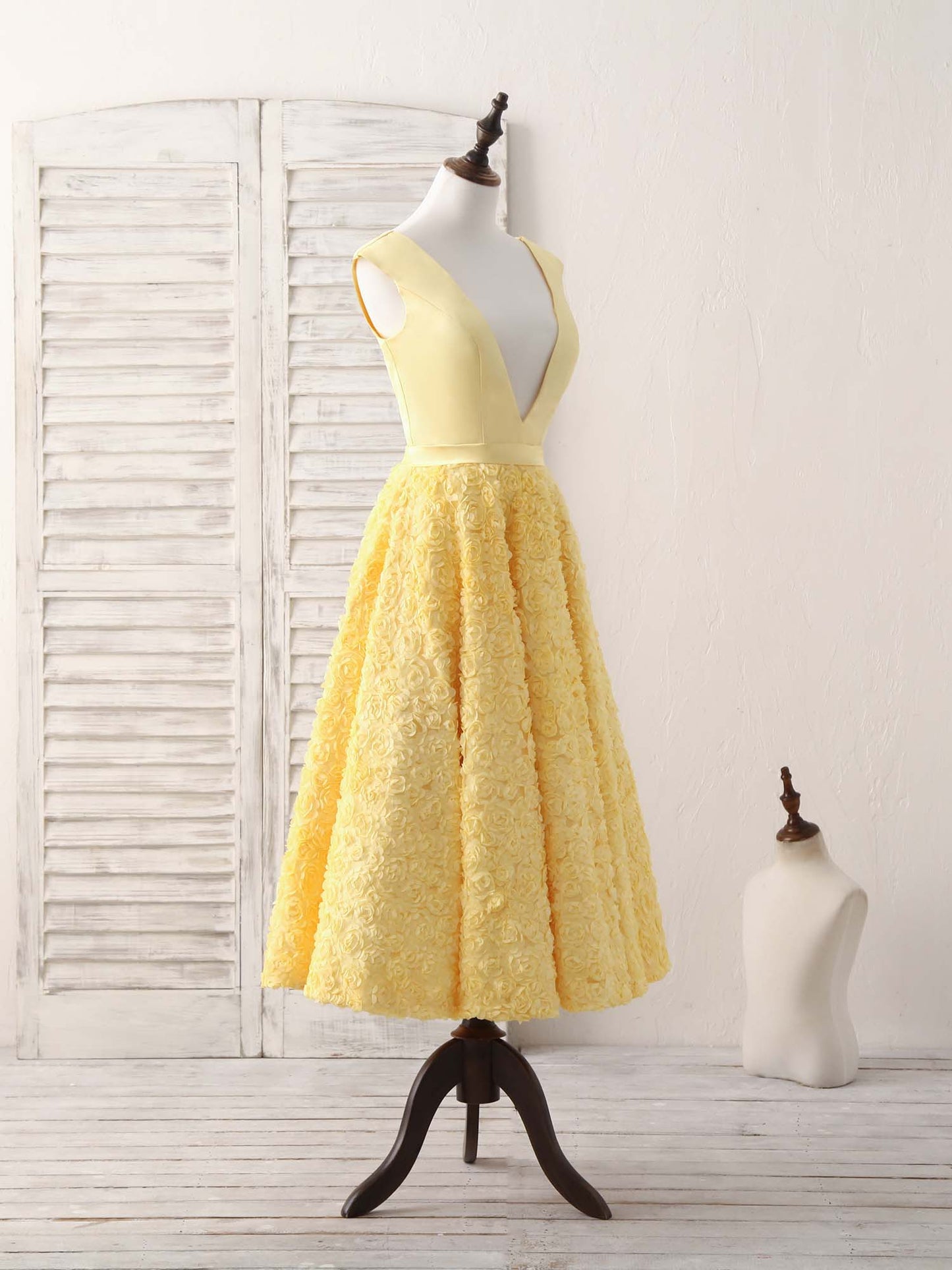 Yellow V Neck 3D Floral Satin Tea Long Homecoming Dress SH1629