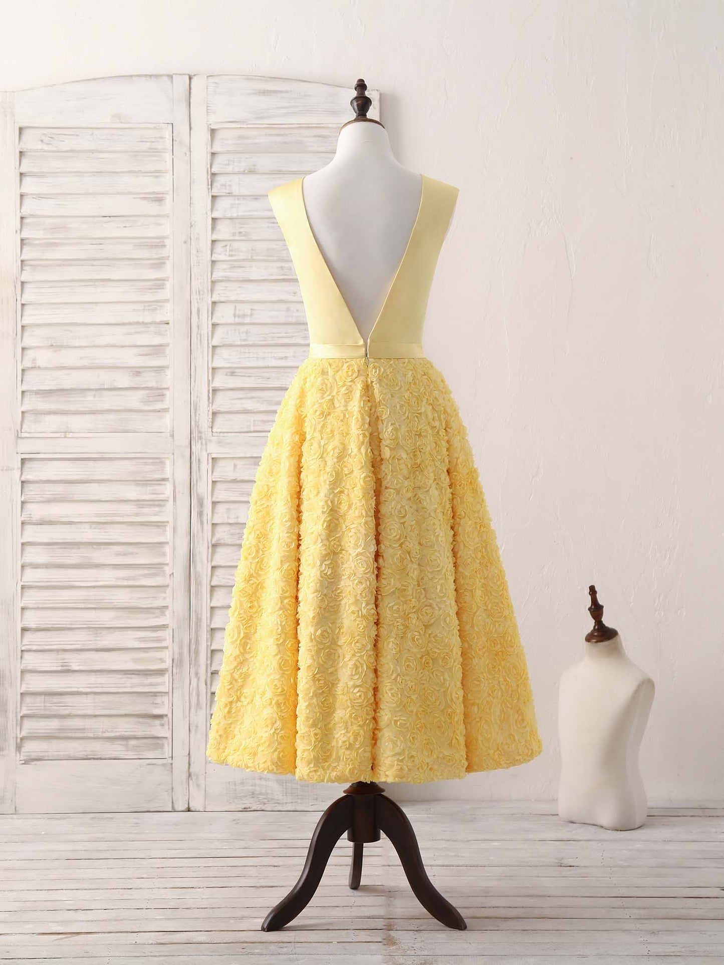 Yellow V Neck 3D Floral Satin Tea Long Homecoming Dress SH1629