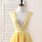 Yellow V Neck 3D Floral Satin Tea Long Homecoming Dress SH1629