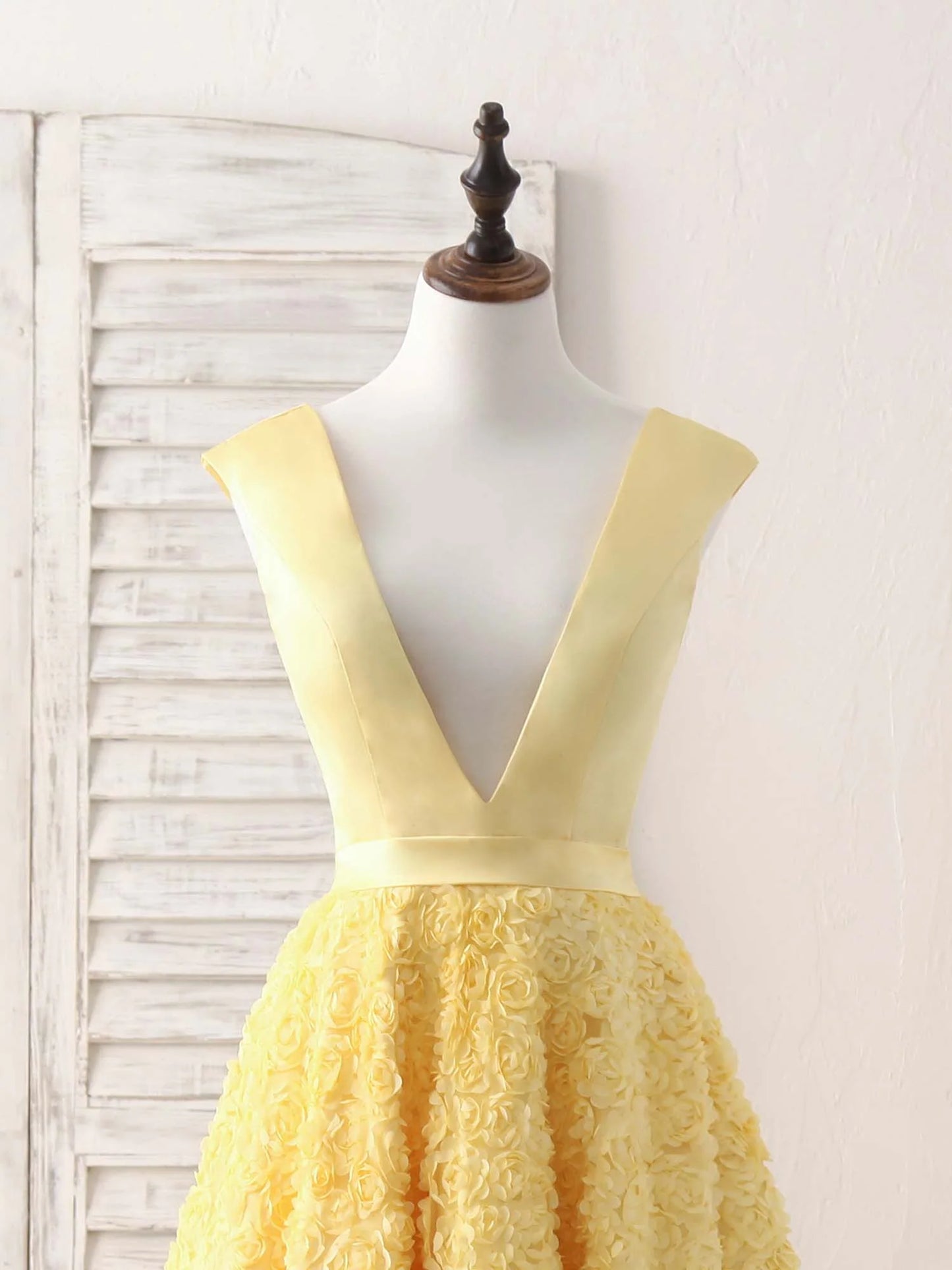 Yellow V Neck 3D Floral Satin Tea Long Homecoming Dress SH1629