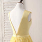 Yellow V Neck 3D Floral Satin Tea Long Homecoming Dress SH1629