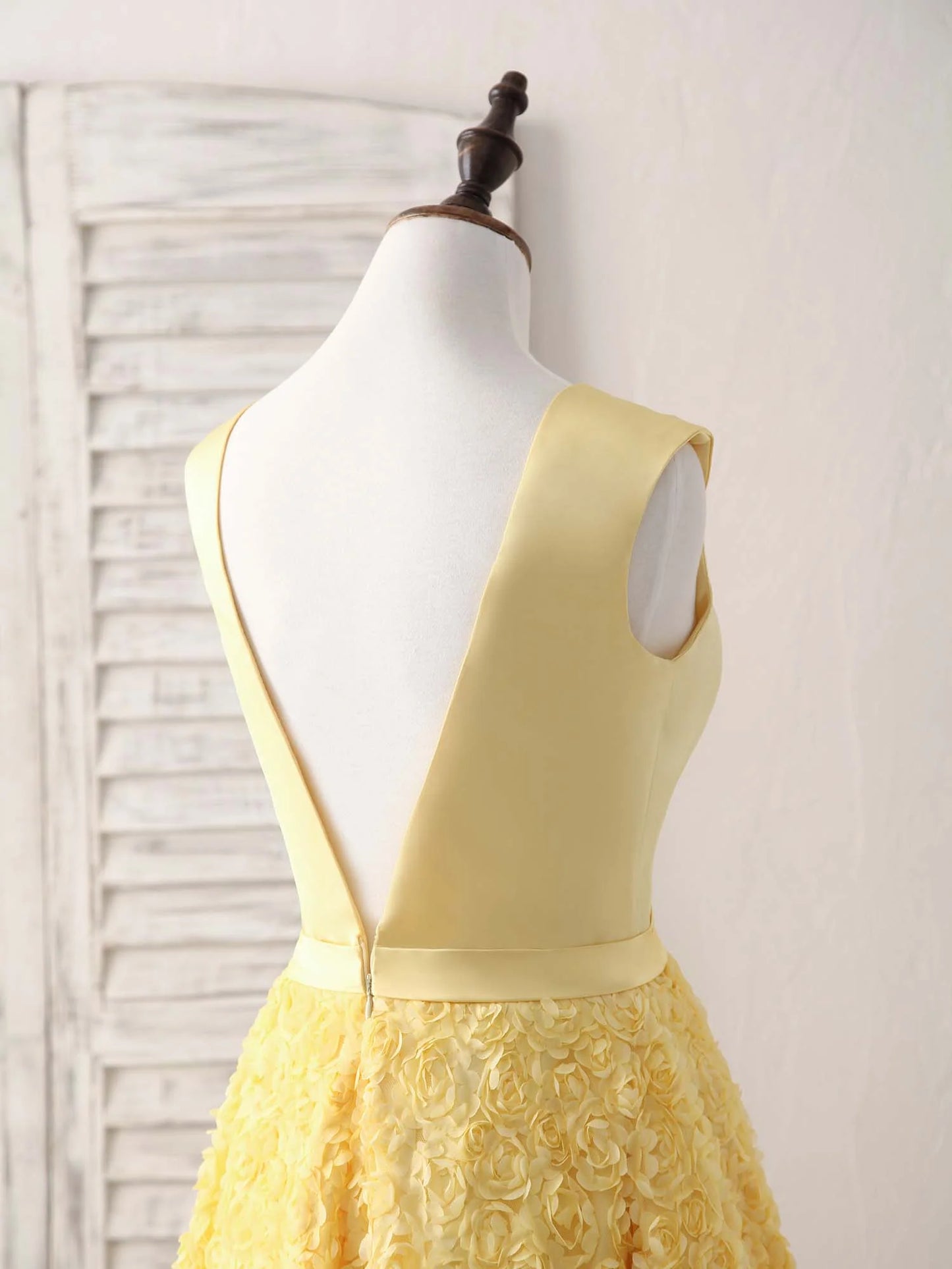 Yellow V Neck 3D Floral Satin Tea Long Homecoming Dress SH1629