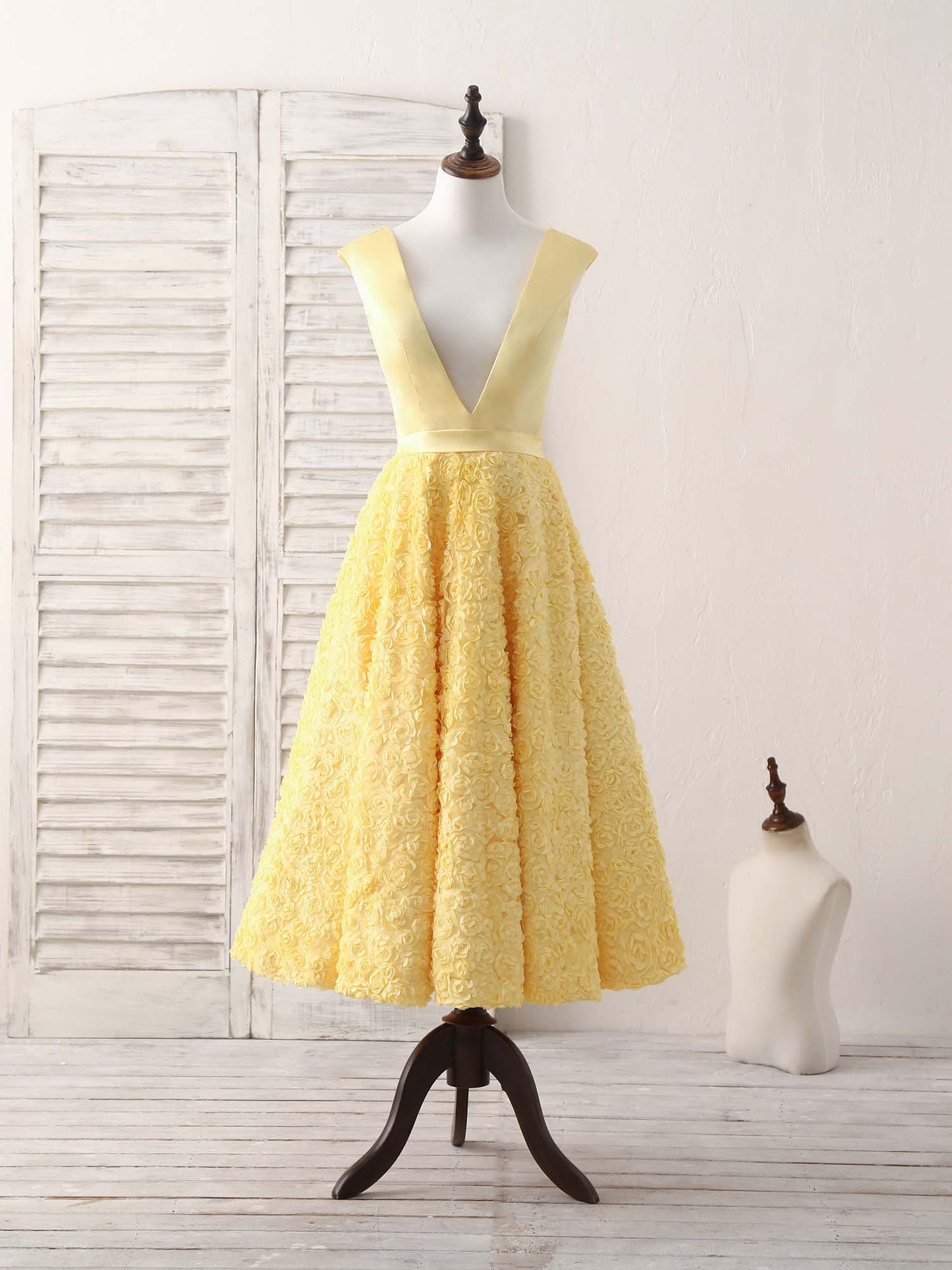 Yellow V Neck 3D Floral Satin Tea Long Homecoming Dress SH1629