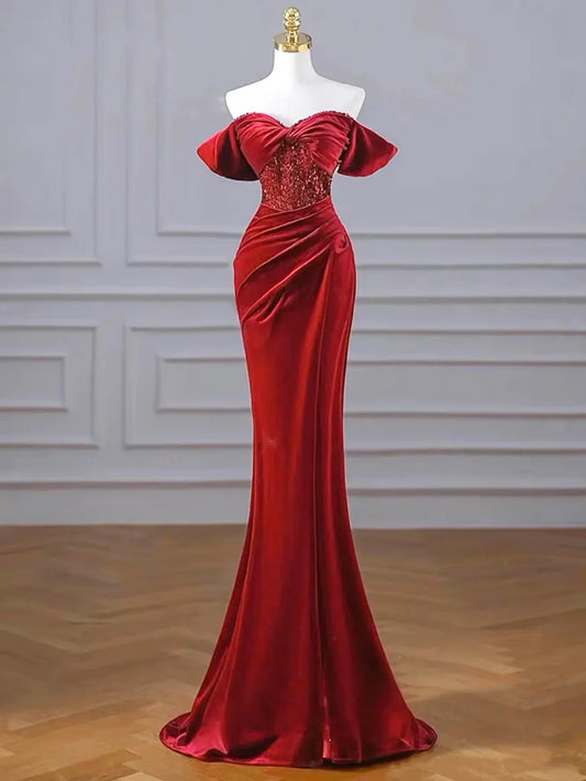 Burgundy Mermaid Off the Shoulder Velvet Sequins Long Prom Dress With Slit SH1642