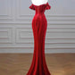 Burgundy Mermaid Off the Shoulder Velvet Sequins Long Prom Dress With Slit SH1642