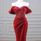 Burgundy Mermaid Off the Shoulder Velvet Sequins Long Prom Dress With Slit SH1642