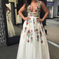 Charming V Neck Floral Embroidery Long Lace Prom Dress with Pocket KJ1