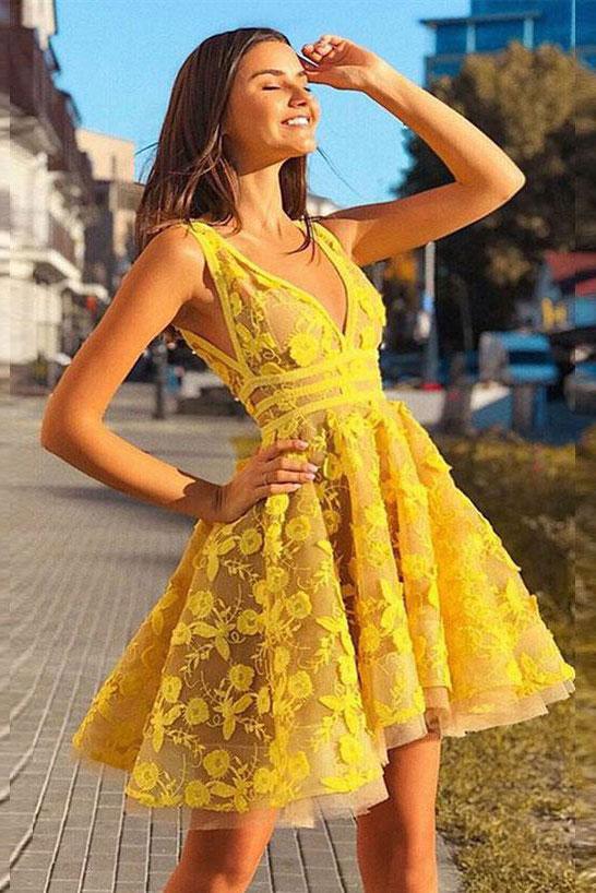 Yellow lace short prom dress, yellow homecoming dress 0019