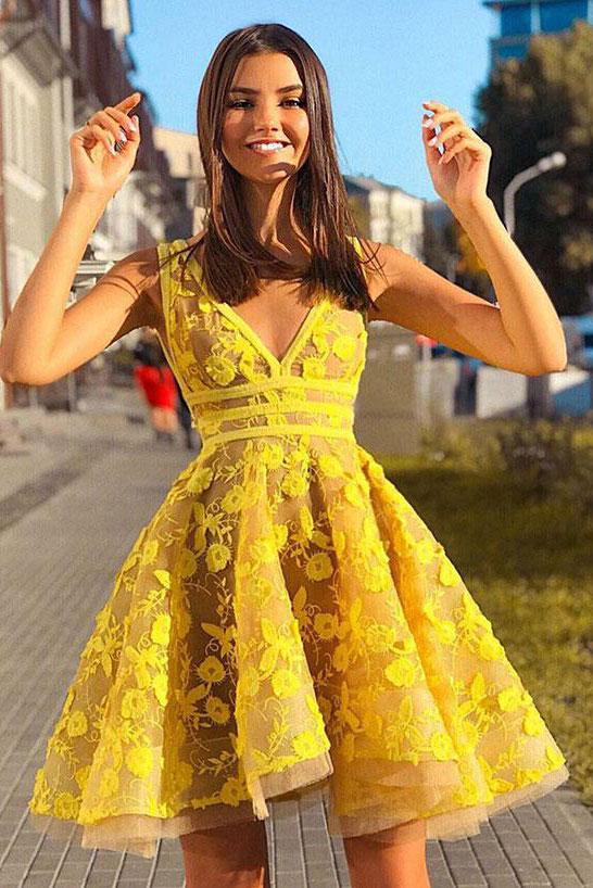 Yellow lace short prom dress, yellow homecoming dress 0019