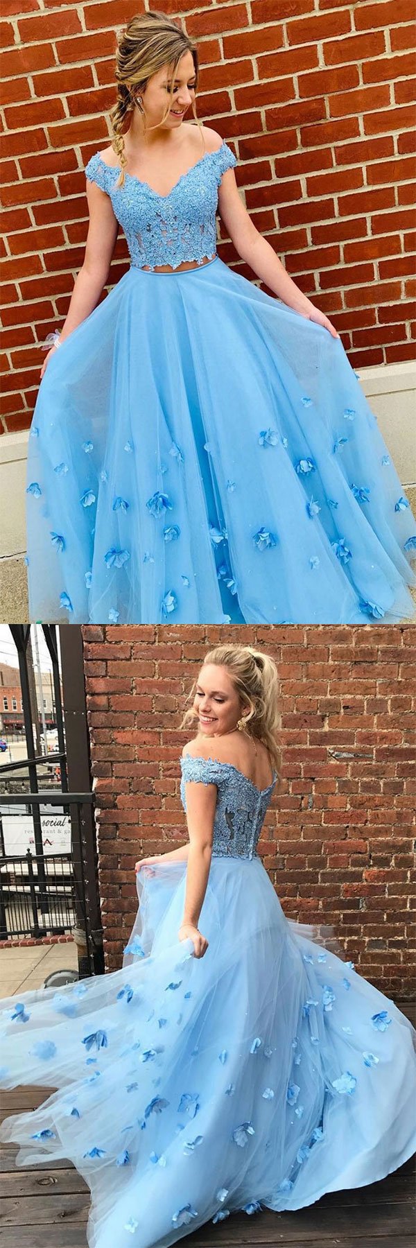 Blue tulle lace off shoulder long prom dress, tulle formal dress 002
