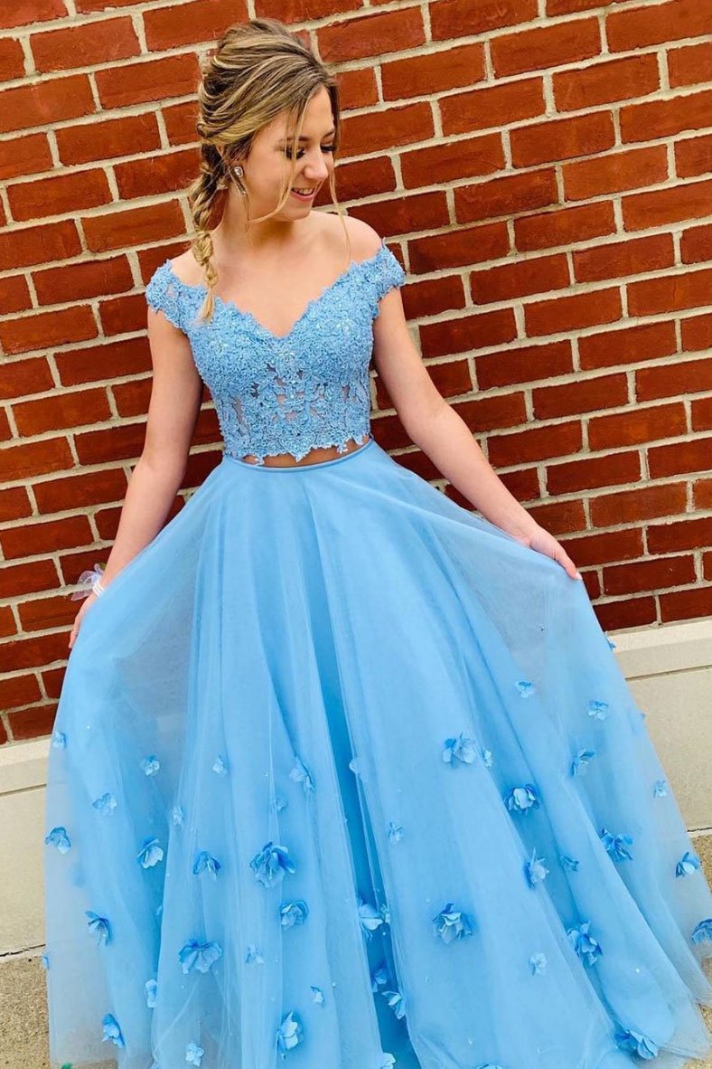 Blue tulle lace off shoulder long prom dress, tulle formal dress 002 ...