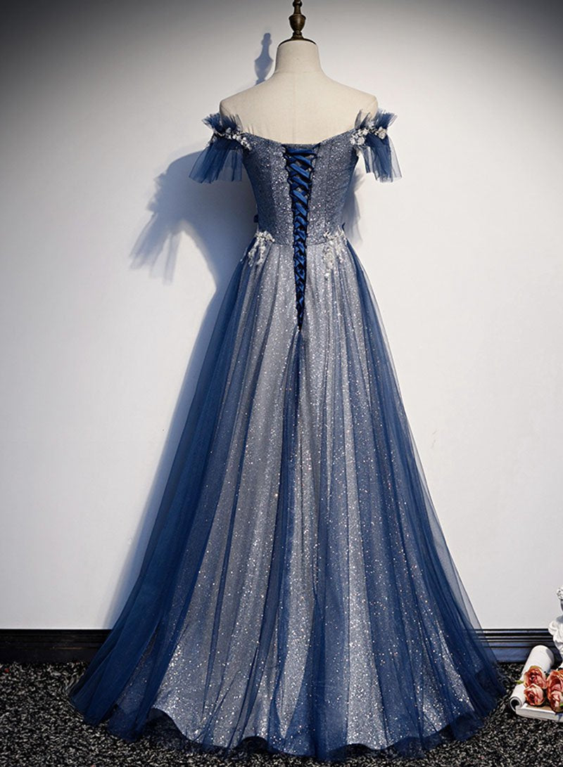 Navy Blue tulle long prom dress blue evening dress A01