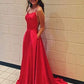 red long prom dress with spaghetti straps, lace up back and side slit  cg7494