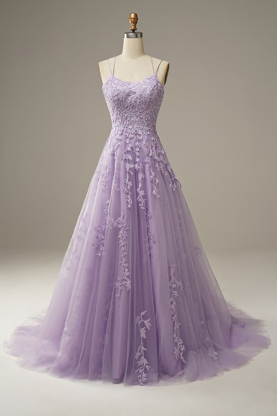 Purple tulle lace long prom dress formal dress S180