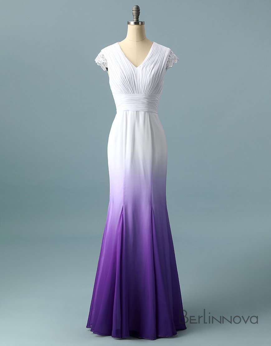 V neck Ombre Formal Prom Dress, A Line Wedding Party Gown T1824