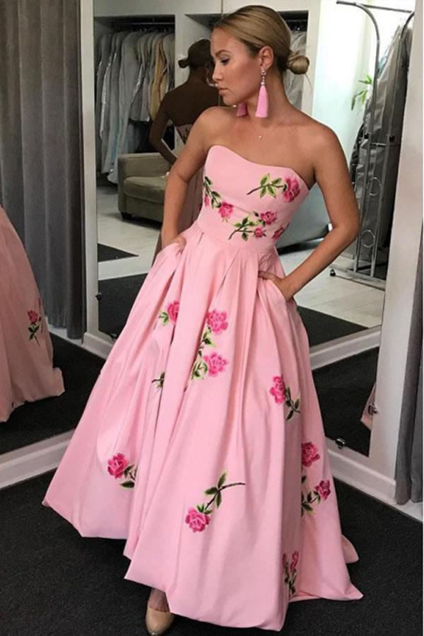 A-Line Sweetheart Strapless Pink Long Prom Dress With Embroidery Pockets KK63