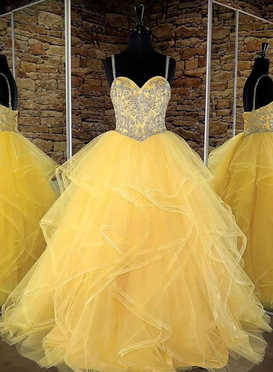 Yellow sweetheart neck beads long prom dress, yellow evening dress KS2082