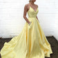 Yellow Satin V Neck Spaghetti Straps Long Senior Prom Dress With Pocket KS1683