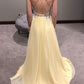 Yellow v neck chiffon lace long prom dress, evening dress KS1702