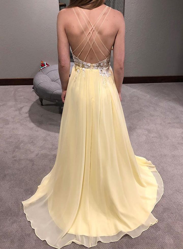 Yellow v neck chiffon lace long prom dress, evening dress KS1702