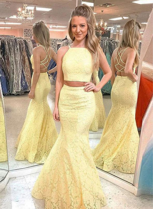 Yellow lace long prom dress, mermaid two pieces evening dress KS2071