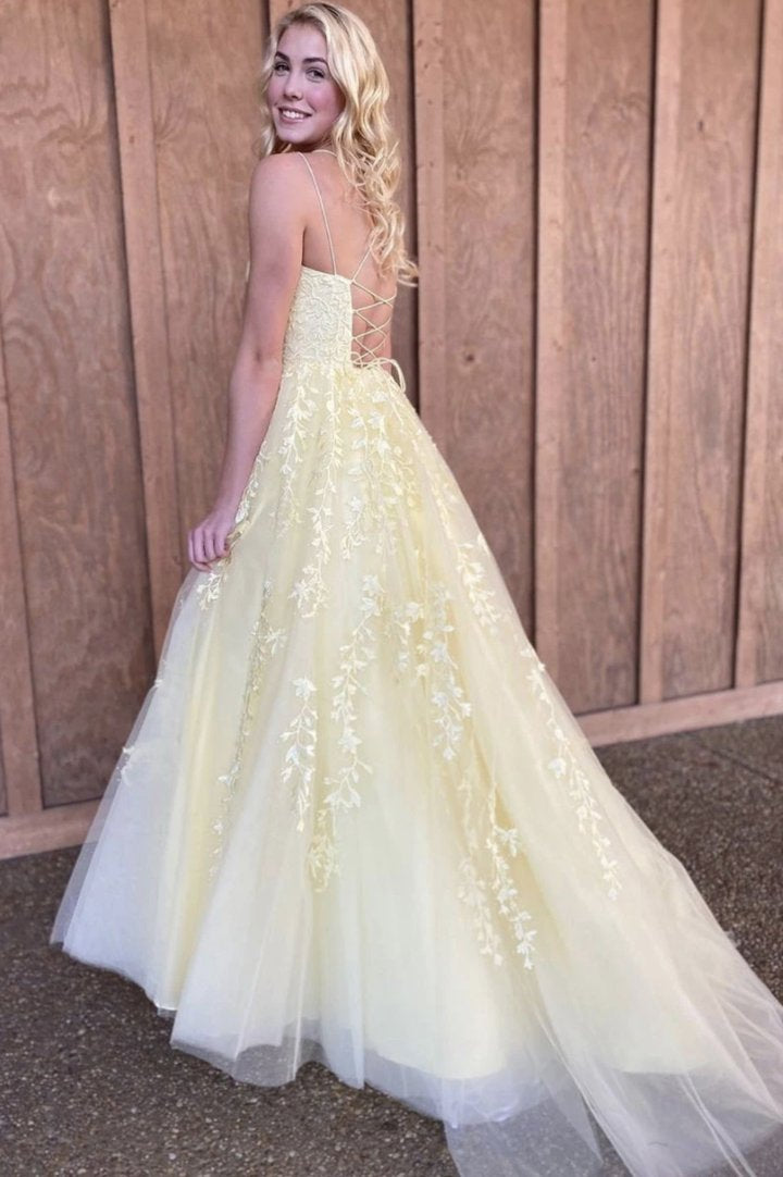 Yellow lace long prom dress A line evening dress KS1746