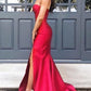 long prom dresses, strapless mermaid red prom dresses with slit AU02