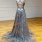 Sexy Spaghetti Straps V Neck Lace Slit Long Prom Dress Evening Dress SH559