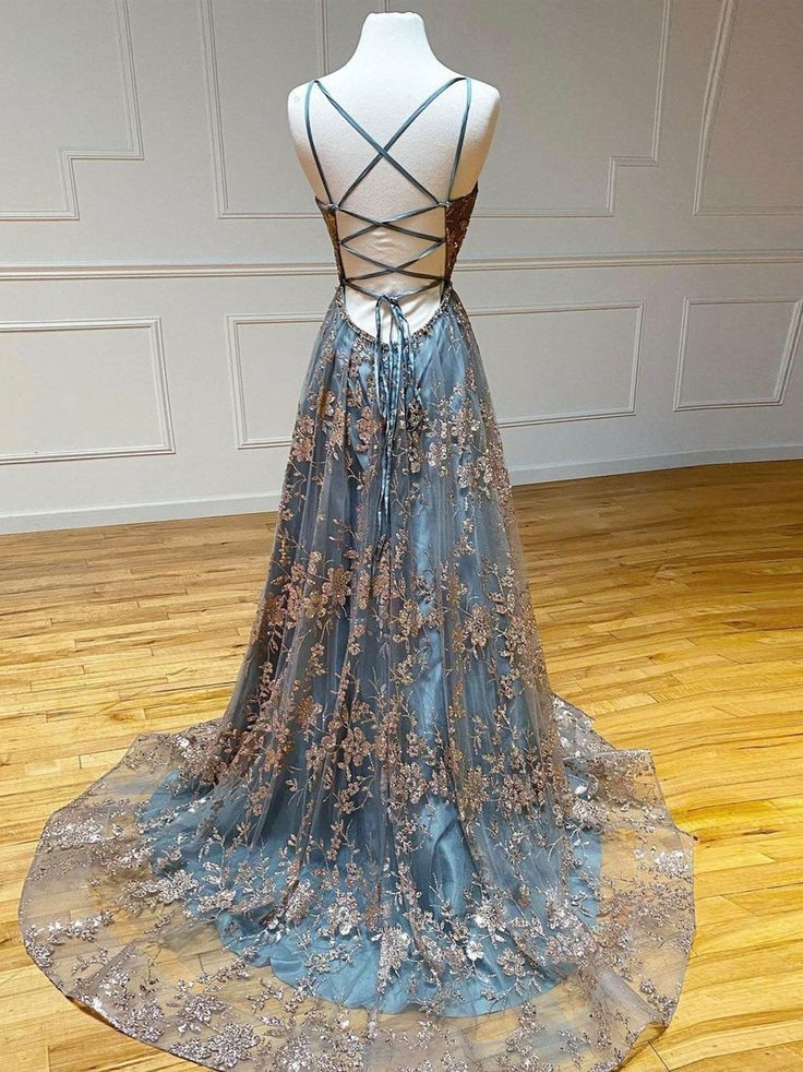 Sexy Spaghetti Straps V Neck Lace Slit Long Prom Dress Evening Dress SH559