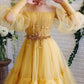 Yellow tulle lace long prom dress party dress A45