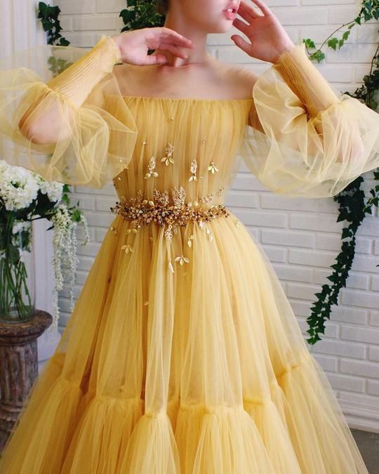 Yellow tulle lace long prom dress party dress A45