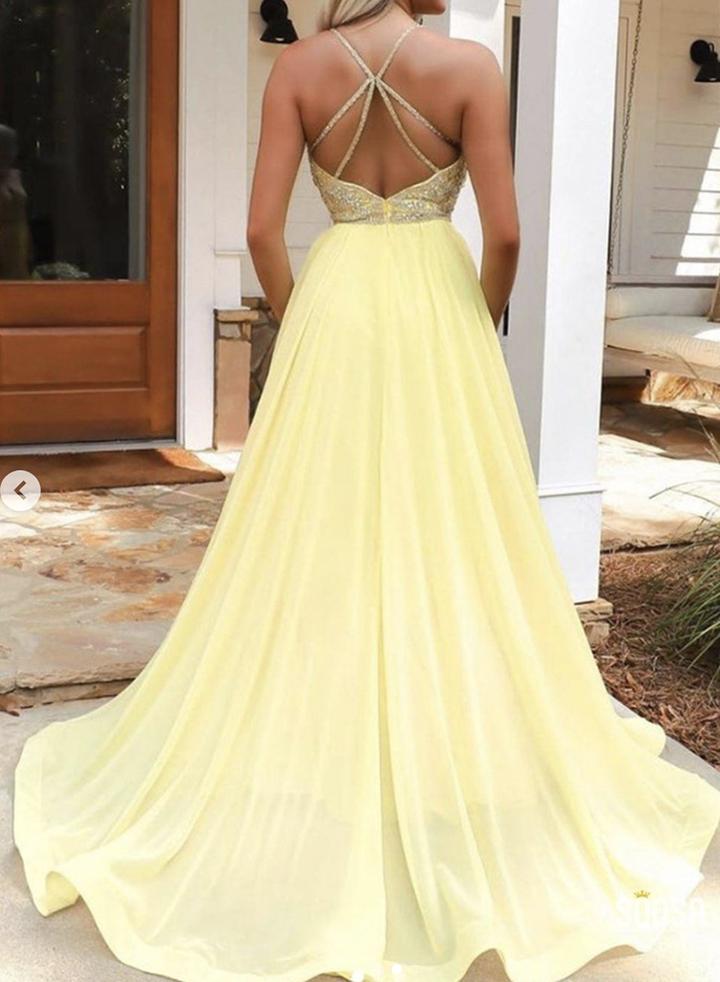 Yellow beads long prom dress evening dress KS1470