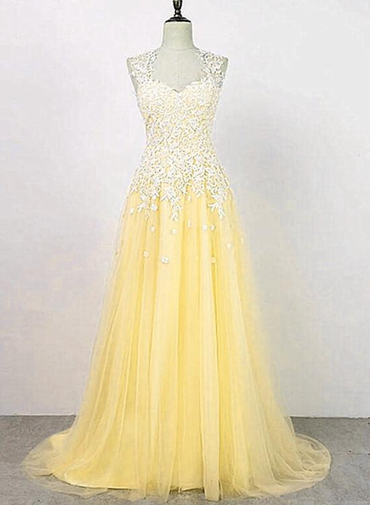 Yellow Tulle with Applique Long Party Dress, Charming Junior Prom Dress KS5990