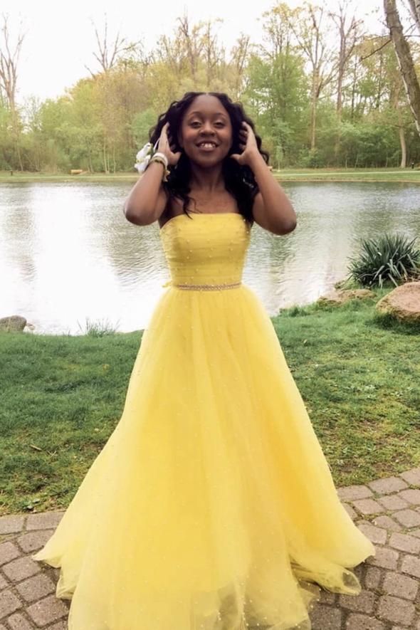 Yellow tulle long A line prom dress yellow evening dress SA186