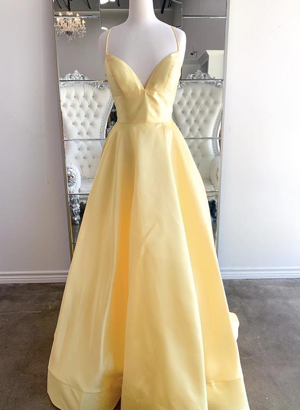 Yellow v neck satin long prom dress evening dress KS1442