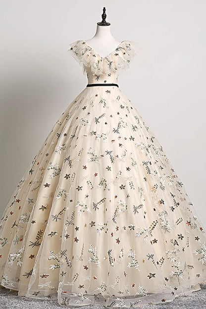 Pretty Champagne Floral Tulle V Neck Floor Length Customize Prom Dress, Formal Dress KS7628