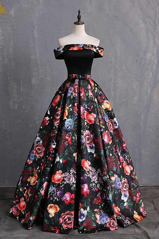 Black Floral Satin Off Shoulder Strapless Long Formal Prom Dress, Evening Dress KS7486