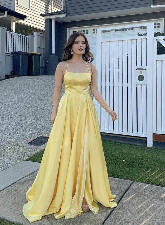 Yellow satin prom dress simple evening dress KS1432