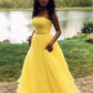 Yellow tulle long A line prom dress yellow evening dress SA186