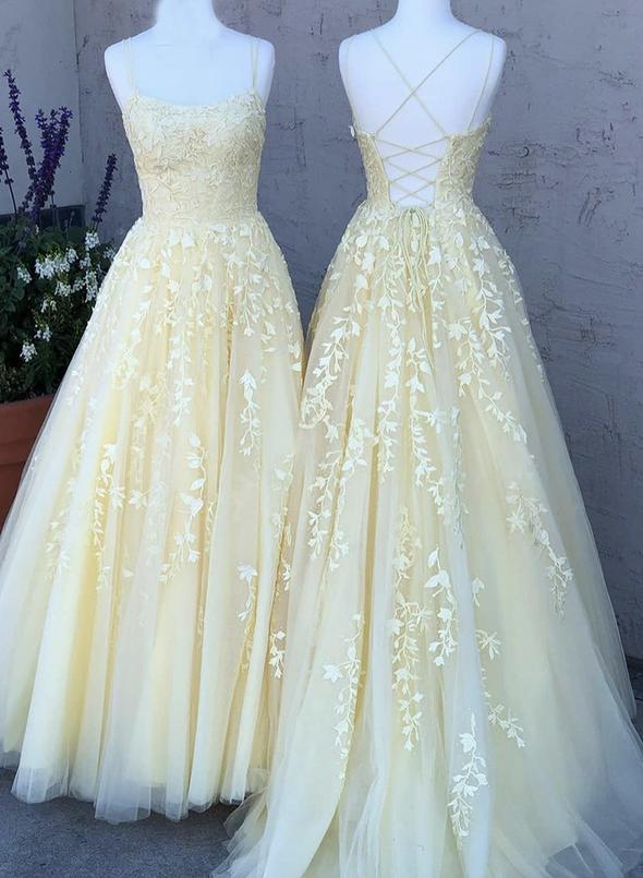 Yellow tulle lace long prom dress yellow evening dress KS1384