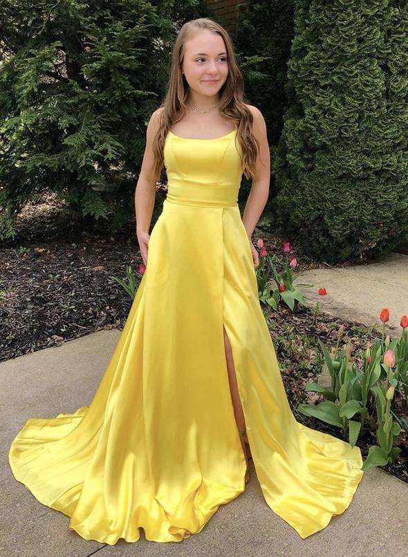 Yellow satin long prom dress simple evening dress KS1478