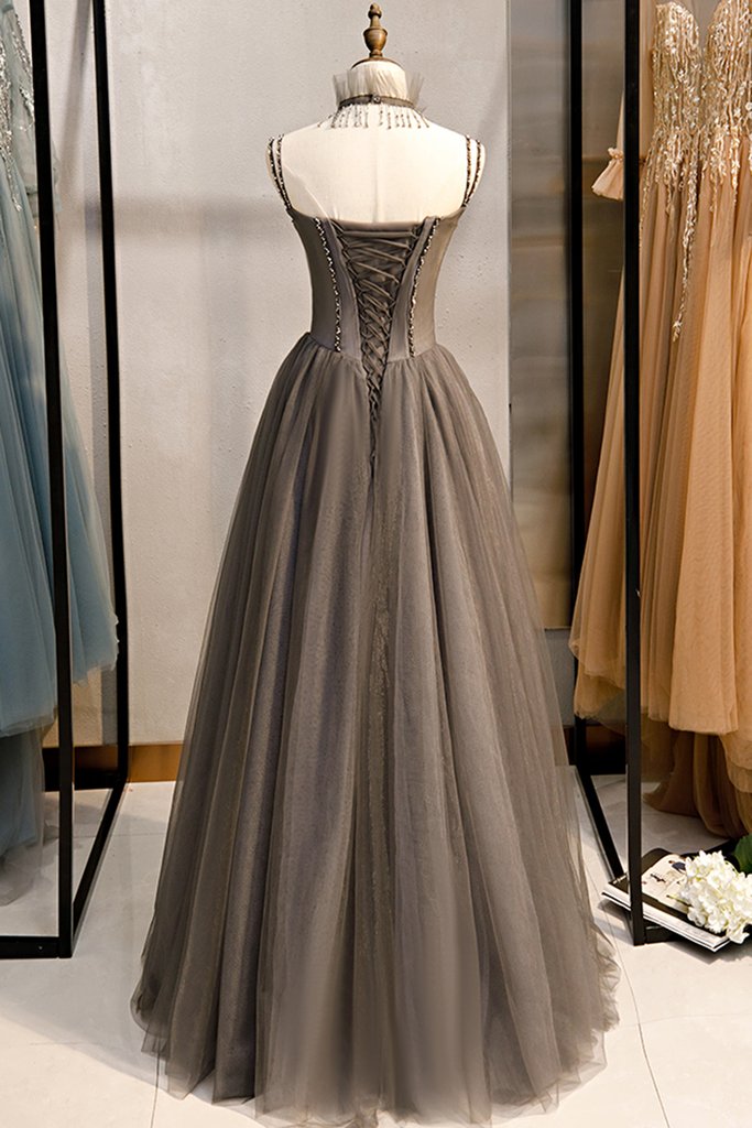 Grey Tulle Long Banquet Party Dress Sweetheart A Line Custom Size Prom Dress KS6525