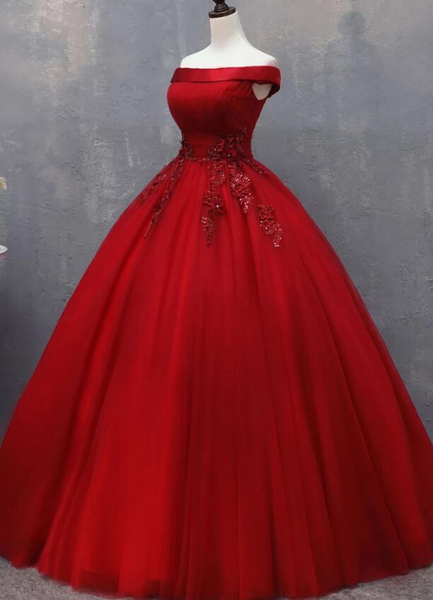 Red Tulle Long Off the Shoulder Sweet 16 Dress, Red Party Gown KS6097